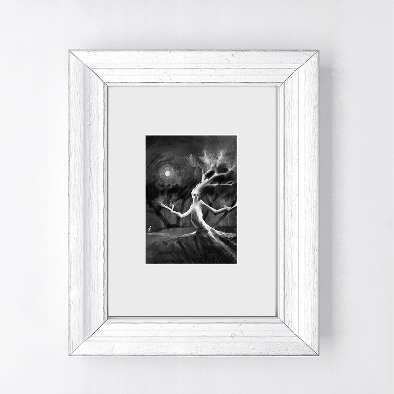 Monochrome woodland tree wall art print with a small human silhouette