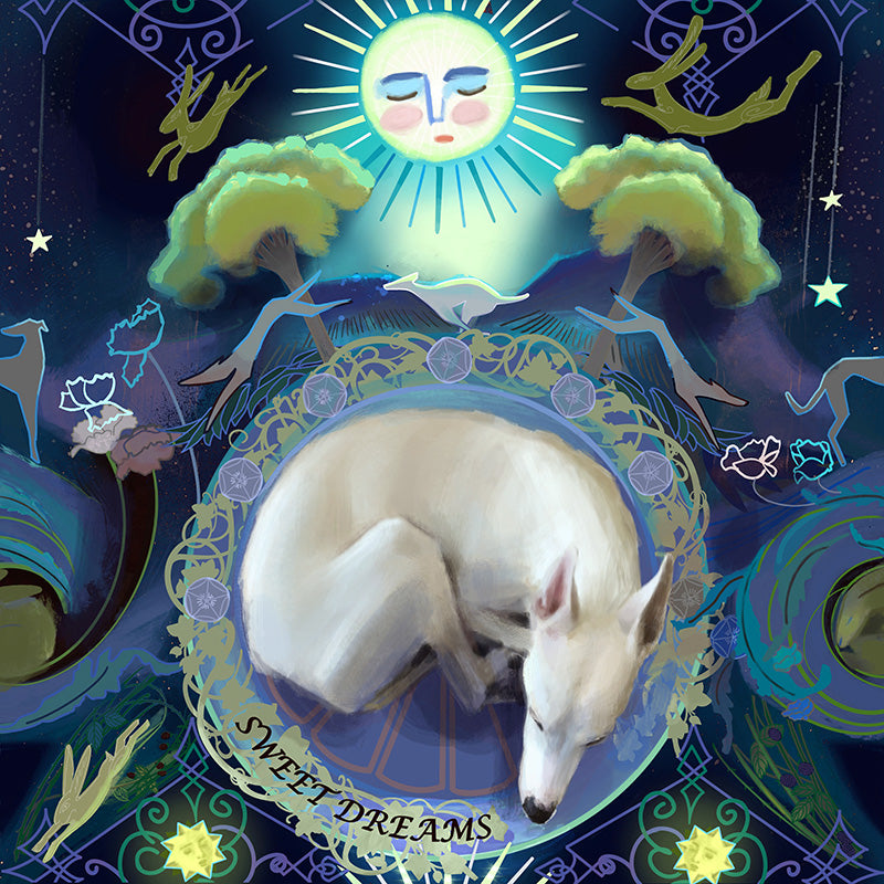 Dreaming Greyhound - Fine Art Giclée Print (Art Nouveau Night Woodland)