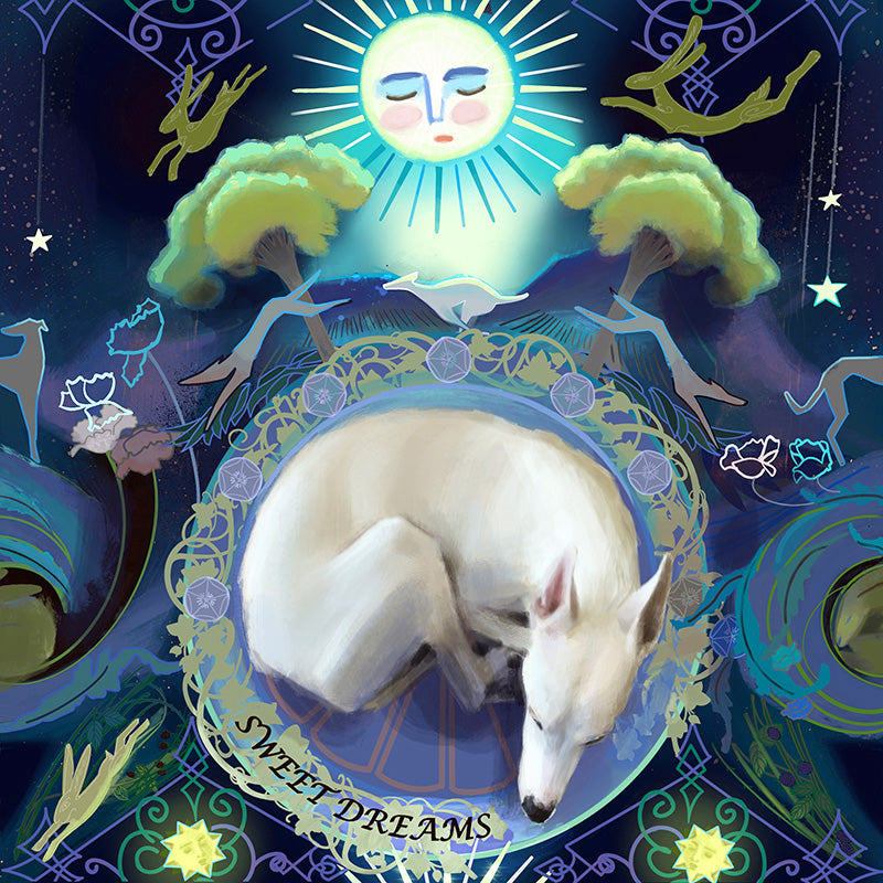 Sleeping greyhound print in a woodland night scene dreaming of the chase, Art Nouveau-inspired dog lover wall art