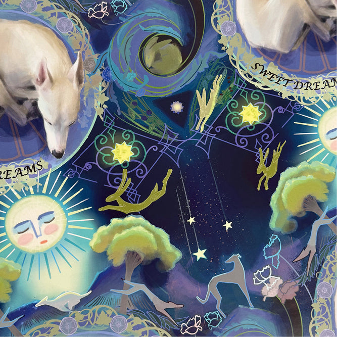 Sleeping Greyhound wrapping paper in an art nouveau style on a blue and purple background