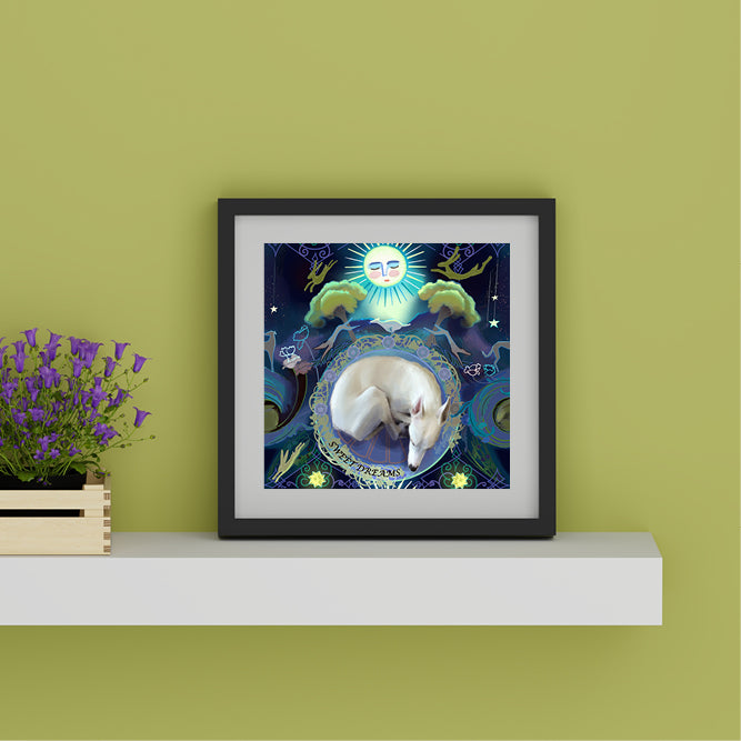 Dreaming Greyhound - Fine Art Giclée Print (Art Nouveau Night Woodland)